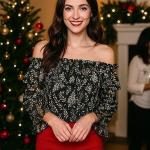 NWT Ann Taylor Loft Black Metallic Floral Ruffle Off the Shoulder Top Blouse S